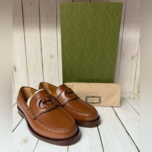 Gucci Calfskin Interlocking G Millennial Ribot Leather Loafers Brown Sz 7G / 8US